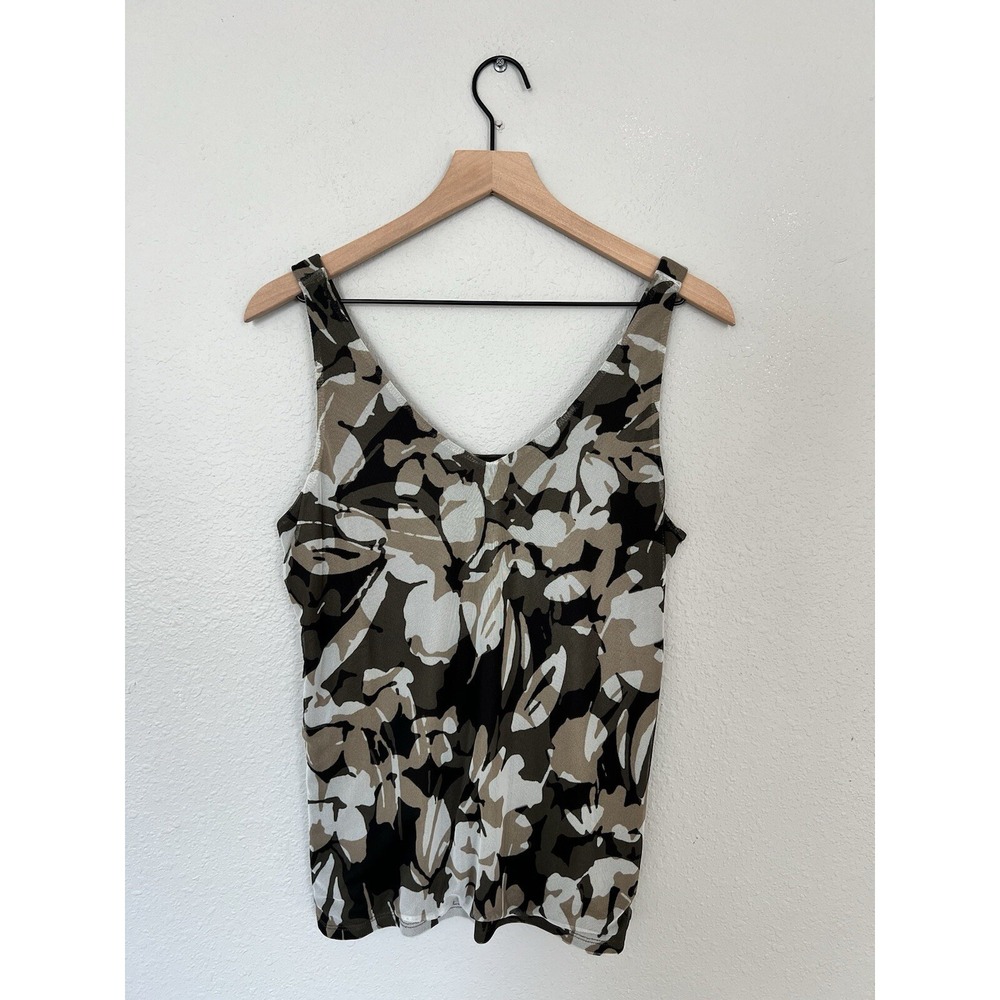 Chico's Camo-Floral Print Mesh Tank Top Women's Sz 1/M Army Olive Green Camisole